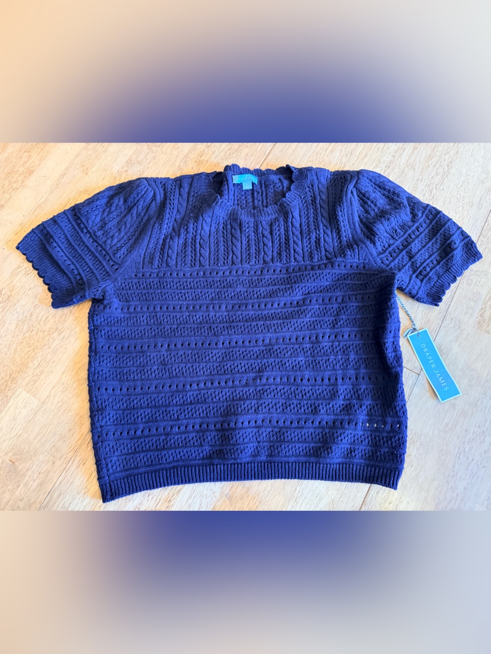 Draper James Navy Short-Sleeve Eyelet Knit Crew Sweater